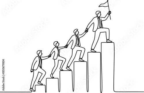 A team of business professionals collaboratively climbs a rising bar graph, striving for success and leadership