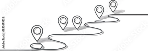 A winding continuous line on a white background with multiple location pins marking a route or journey