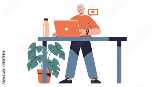 A person working on a laptop at a desk with a plant and bottle nearby in a modern office environment