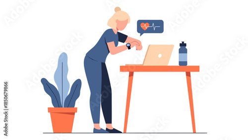 A woman practicing workplace wellness at her desk with a laptop and a plant nearby