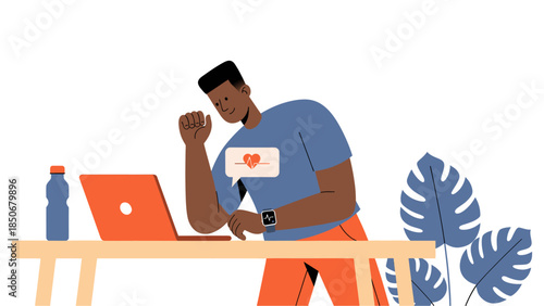 Man Celebrating Workplace Wellness Achievement on Laptop at Desk