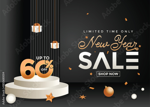 Happy New Year sale on a dark background with a podium display, realistic confetti decorations, and gift boxes, ideal for business advertising and creative product promotion.