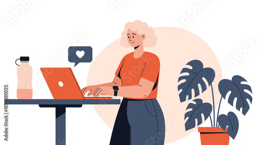 A woman working on a laptop in a modern office setting with plants nearby and a water bottle on the desk