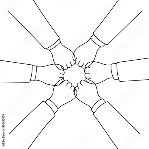 Eight human hands with closed fists are joined together in a central circle showing unity