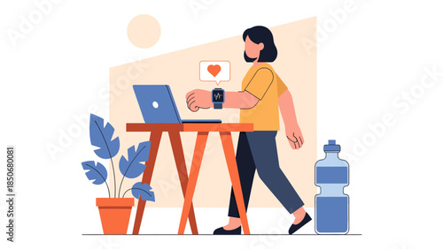 A woman working on a laptop at a desk with a plant and water bottle nearby in a wellness-oriented workplace