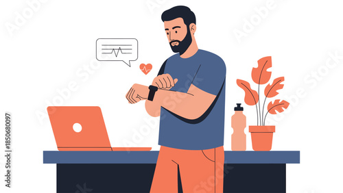 Man practicing wellness at his workplace desk with laptop and fitness tracker