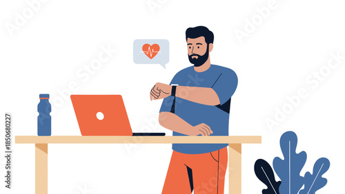 Man checking his smartwatch while working on laptop at desk with a heart symbol indicating workplace wellness