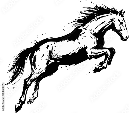 Majestic Jumping Horse Silhouette in Traditional Asian Ink Brush Stroke Style - Black and White Vector Illustration