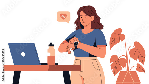 A woman practicing workplace wellness while working on her laptop at a desk with a plant nearby