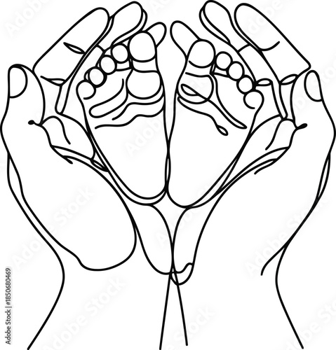 Parents gently cradle tiny baby feet with loving hands, symbolizing new life and protection