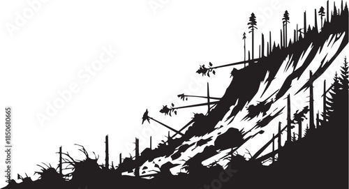 Illustration of a Silhouette of Deforestation Landslides on a Mountain Slope
