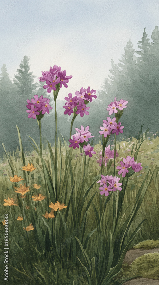 Fototapeta premium A Serene Landscape of Colorful Wildflowers Amidst Lush Greenery and Misty Trees, Capturing the Essence of Nature's Beauty in Botanical Art