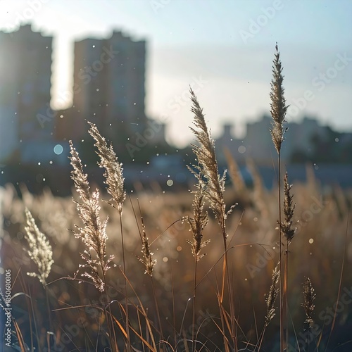 Golden grass stalks bathed in sunlight, with blurred city buildings in the background