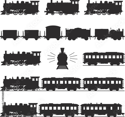 Black and white train and carriages locomotive steam engine