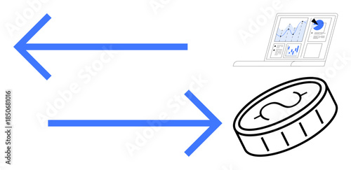 Financial services, digital economy, currency exchange, data analytics, fintech solutions, investment insights. Two arrows, a coin and a data chart. Financial services and digital economy concept