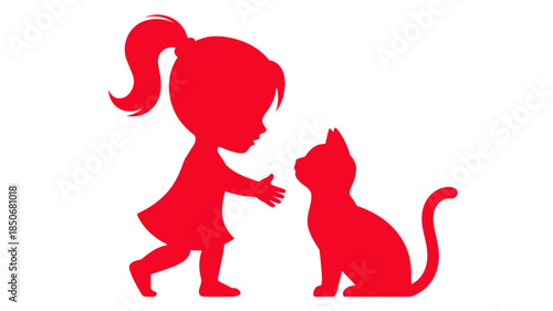  Little Girl with Cat Silhouette – Red Child and Pet Friendship Icon