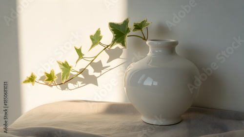 Minimalist white vase with delicate green ivy casting gentle shadows on a textured surface, bathed in soft sunlight.