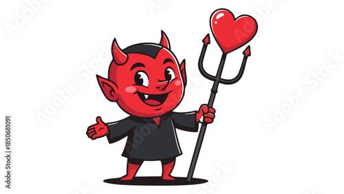 Cute Cartoon Devil Character Holding a Heart Trident Adorable Little Demon with Red Horns and Black Cape Playful Mascot Illustration for Valentine s Day Halloween or Mischief Concepts