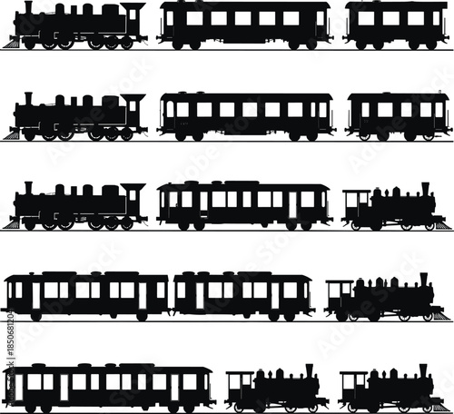 Black and white vintage train set silhouettes on white background