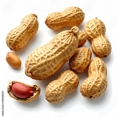 Several peanuts in their shells, with one open shell revealing the nut inside, arranged on a white background