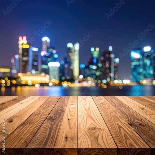 Wooden tabletop over a blurred night city skyline