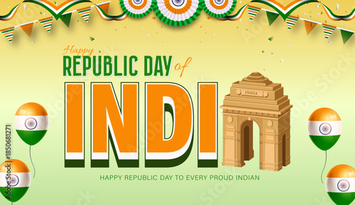 Happy India Republic Day Banner with India Gate, Tricolor Balloons and Festive Design