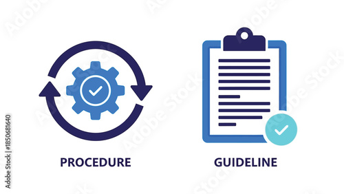 Vector illustration of Two icons representing business concepts, a gear with a checkmark inside a circular arrow indicating procedure and a clipboard with a checkmark indicating guideline