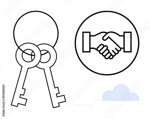 Security concept. Keys and handshake symbols security and partnership. Security in collaboration, business agreements, and protected data sharing. For business, trust, agreements, security
