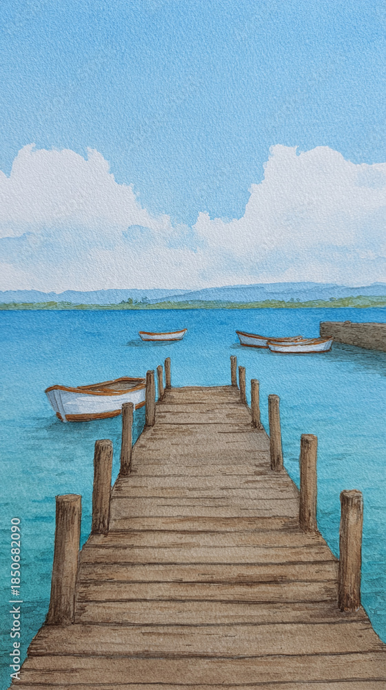 Obraz premium Explore the Serenity of a Picturesque Pier Overlooking Tranquil Waters with Boats on a Beautiful Day in Nature's Embrace