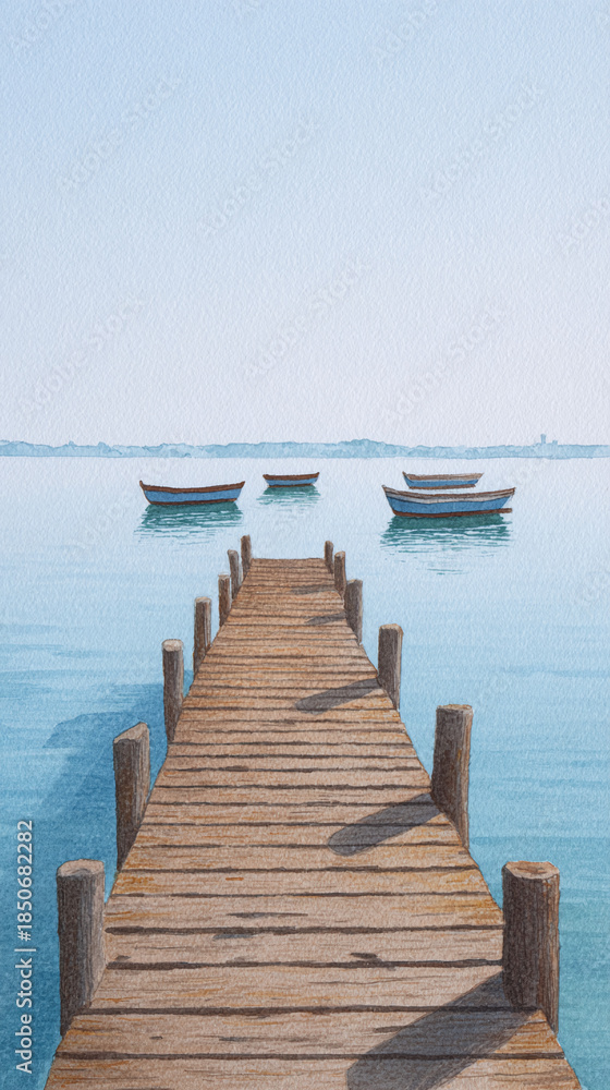 Obraz premium Serene Waterscape: Embrace Tranquility on a Peaceful Pier with Boats at Rest Beneath a Clear Sky, Perfect for Evoking Calming Retreats and Magical Journey Inspirations.