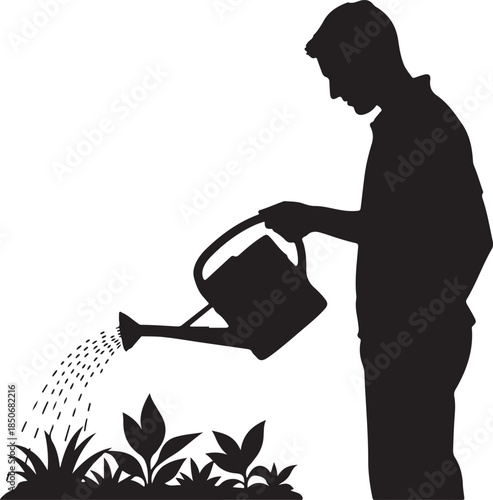 Silhouette of a man tending to plants with a watering can in a garden setting , Generative Ai
