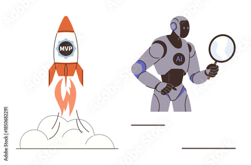 Rocket launching with MVP tag alongside AI robot holding magnifying glass. Ideal for innovation, startup growth, technology, product development, artificial intelligence, research, futuristic