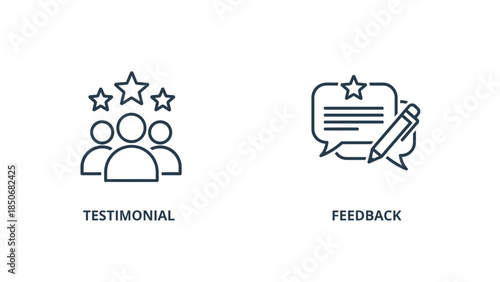 Vector illustration of Two clean line art icons on white background, one depicting a group of people with stars above representing testimonial, the other showing a speech bubble