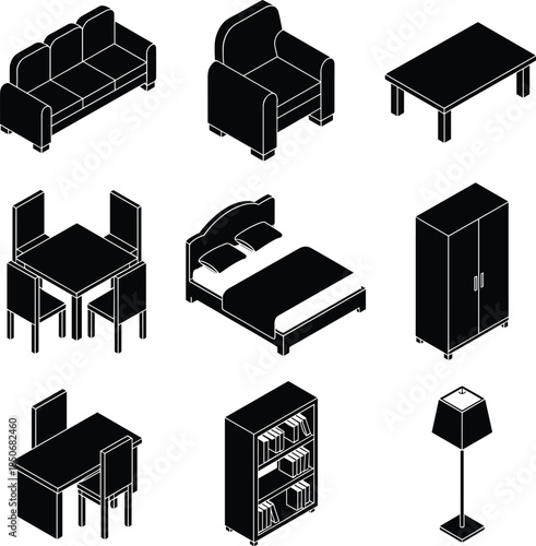 Black Furniture Set Isometric sofa armchair
