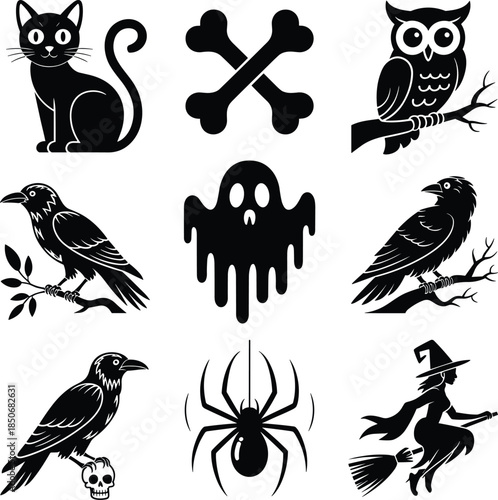 Black Halloween Themed Silhouettes of Cat, Owl, Crow, Ghost, Bones, Spider, and Witch