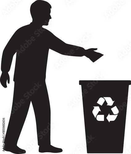 Man throwing paper into a recycling bin with a recycle symbol , Generative Ai