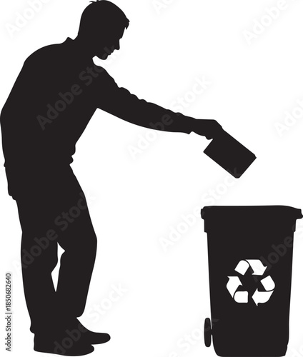 Silhouette of a man disposing of an item into a wheeled recycling bin , Generative Ai