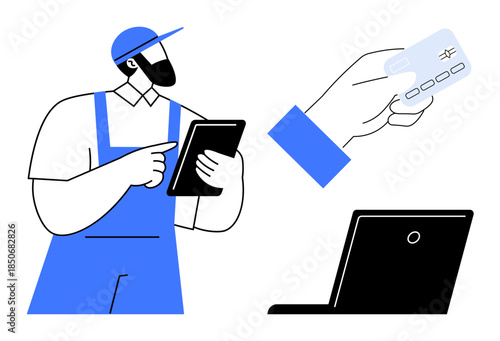 E-commerce, contactless payment, online shopping, delivery services, digital economy, technology. A delivery worker with a tablet, credit card being handed laptop . E-commerce and contactless