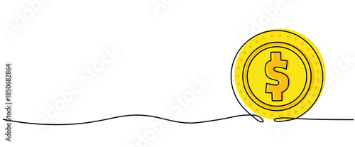 gold golden yellow one dollar $ coin currency isolated Vector illustration clipart symbol sign, One continuous line art drawing for Poster, banner background, outline copyspace empty blank space icon 