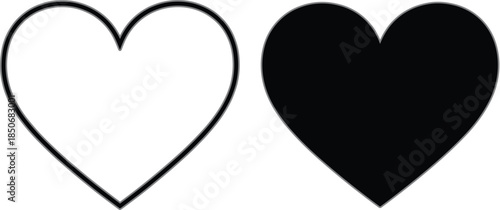 Simple heart icon set with outline and solid black shapes isolated on white background, minimal love symbol illustration for UI, design and decoration