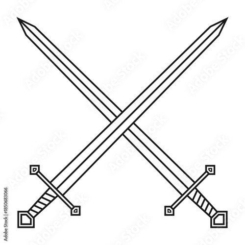 Sword vector illustration. Crossed swords military or heraldry icon symbol. Protection and security sign. Medieval or knight weapon. Fantasy longsword fencing logo.