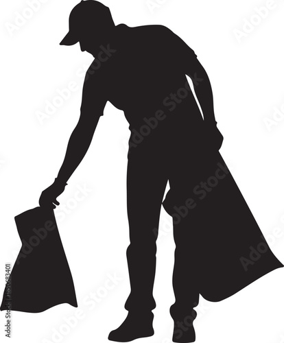 Silhouette of a person collecting trash into bags, representing environmental cleanup and volunteerism. , Generative Ai