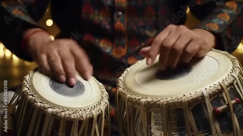 Hands playing tabla drums with closeup.