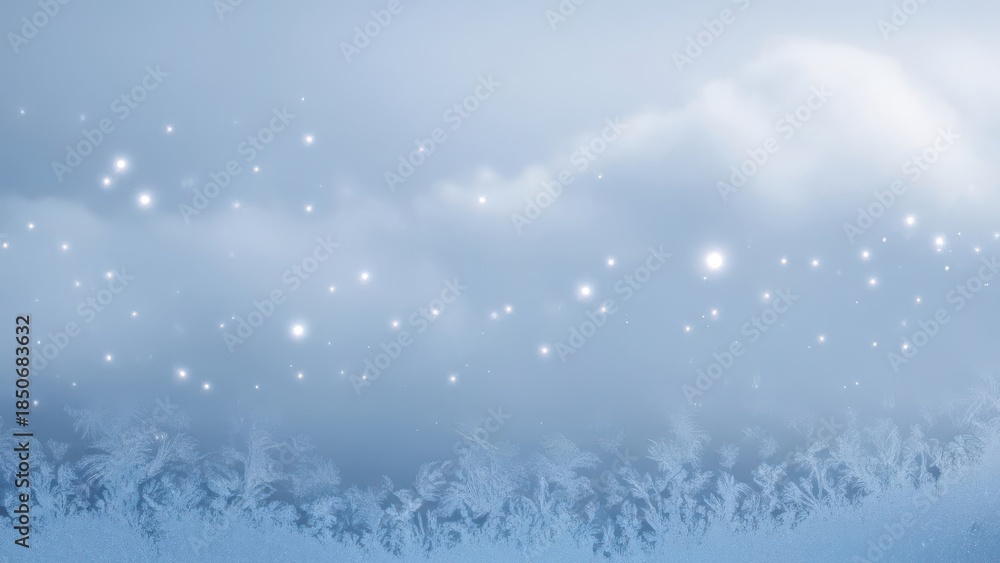 Naklejka premium Sparkling frosted windowpane showcasing delicate ice patterns and ethereal bokeh lights against a soft blue winter sky, ideal for festive backgrounds or seasonal designs.