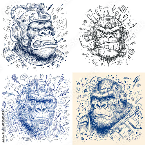 Detailed hand drawn gorilla portrait illustration with expressive lines and sketch texture perfect for posters character studies wildlife art and illustrative design projects