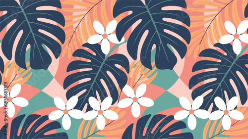 Vibrant Tropical Leaves and Flowers Repeating Pattern Illustration