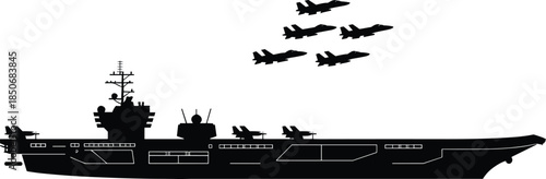 Black silhouette of aircraft carrier with fighter jets in flight and on deck