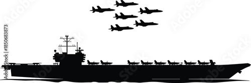 Black silhouette of aircraft carrier with fighter jets in flight