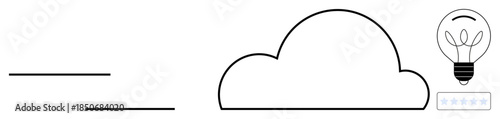 Cloud storage, innovation, technology, creativity, data sharing, connectivity. Abstract black and white outline of a cloud, connecting lines and a light bulb. Cloud storage and innovation concept
