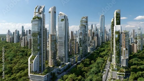 Wallpaper Mural Eco-City Skyline: A captivating urban landscape of towering skyscrapers blending seamlessly with nature, envisioning a sustainable future. Torontodigital.ca